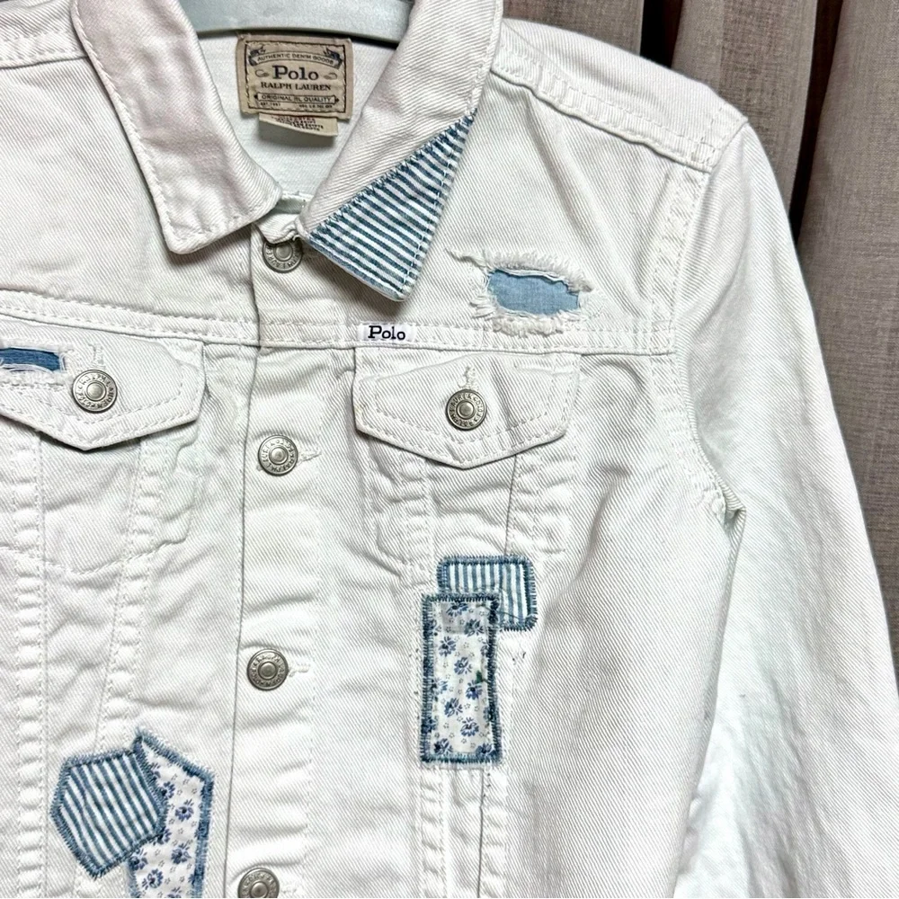 Polo Ralph Lauren Girls 6X White Denim Jacket Blue Patchwork Y2K Vintage